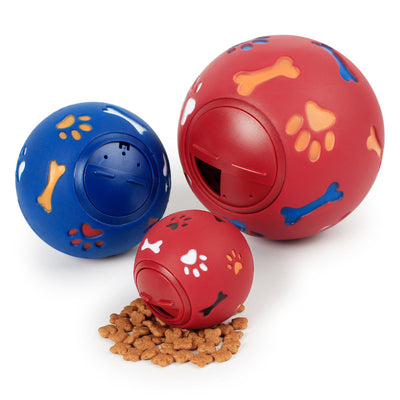 Red rubber pet toy with paw print and bone cutouts, featuring a rotating treat-dispensing mechanism. - Image 8