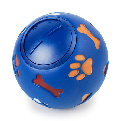Red rubber pet toy with paw print and bone cutouts, featuring a rotating treat-dispensing mechanism.