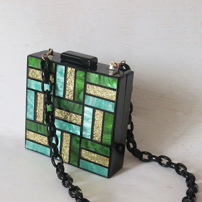 Bolso de Hombro Diagonal Verde con Costura Geométrica - Clutch Acrílico Elegante para Eventos - Image 6