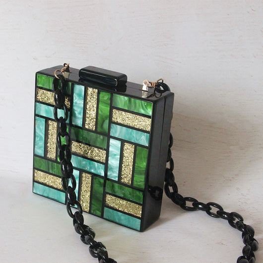 Bolso de Hombro Diagonal Verde con Costura Geométrica - Clutch Acrílico Elegante para Eventos - Image 6
