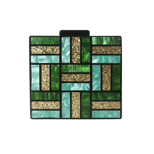 Bolso de Hombro Diagonal Verde con Costura Geométrica - Clutch Acrílico Elegante para Eventos