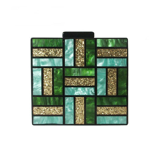 Bolso de Hombro Diagonal Verde con Costura Geométrica - Clutch Acrílico Elegante para Eventos