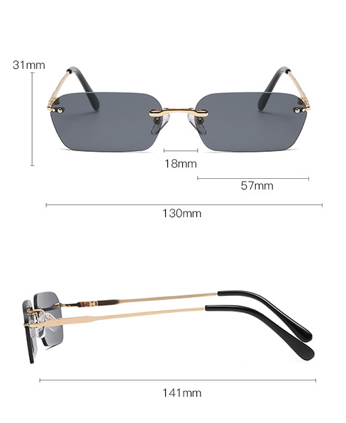 Rimless rectangular sunglasses with light blue lenses, gold-colored metal temples, and black ear tips. - Image 7