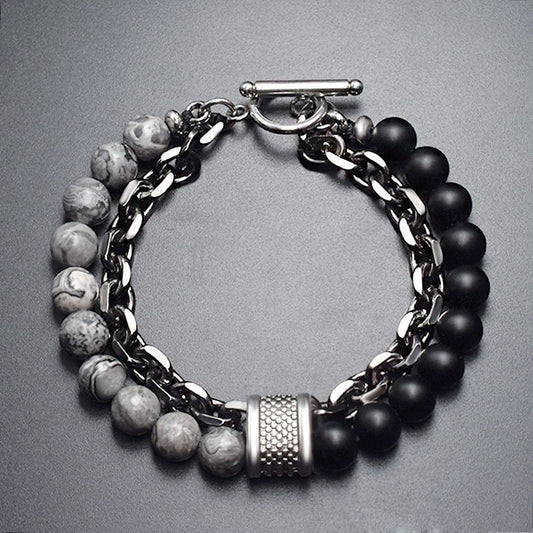 Pulsera de Piedra Natural Esmerilada para Hombre con Cuentas y Detalles Metálicos