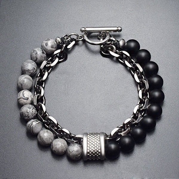 Pulsera de Piedra Natural Esmerilada para Hombre con Cuentas y Detalles Metálicos