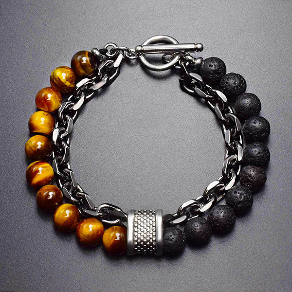 Pulsera de Piedra Natural Esmerilada para Hombre con Cuentas y Detalles Metálicos