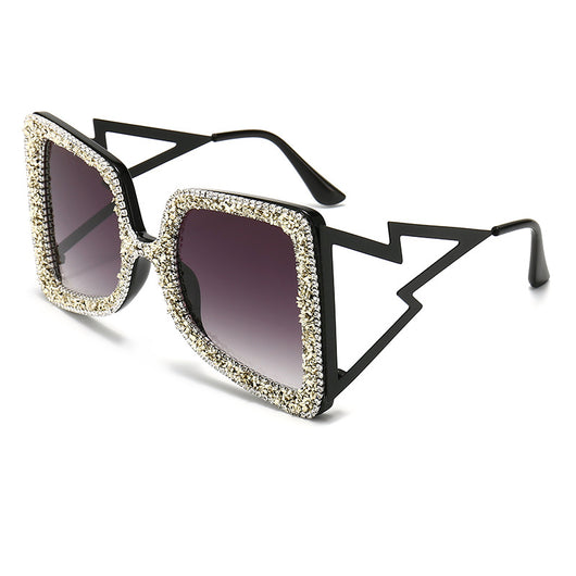 Women's oversized square sunglasses with cream frames, green rhinestones, brown gradient lenses, and lightning bolt temples. - Image 4