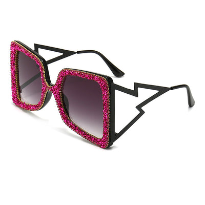 Women's oversized square sunglasses with cream frames, green rhinestones, brown gradient lenses, and lightning bolt temples. - Image 7