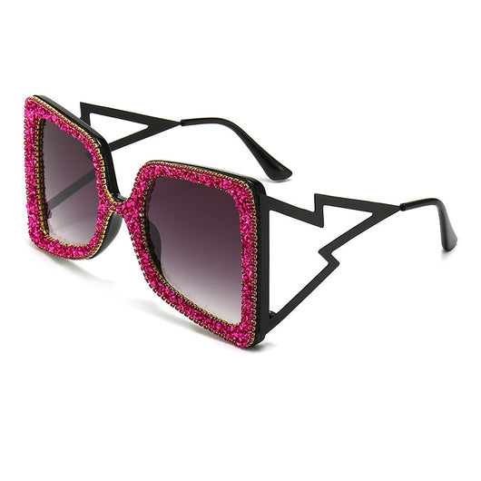 Women's oversized square sunglasses with cream frames, green rhinestones, brown gradient lenses, and lightning bolt temples. - Image 7