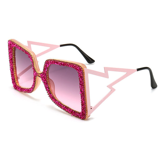 Women's oversized square sunglasses with cream frames, green rhinestones, brown gradient lenses, and lightning bolt temples. - Image 6