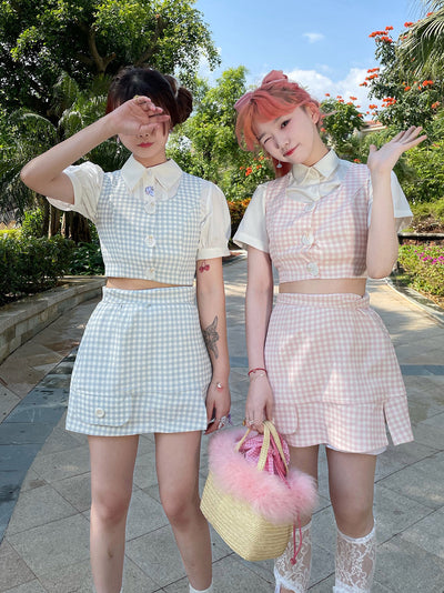 Chaleco Cuadriculado Bicolor con Falda Plisada - Estilo Dulce y Moderno para Niñas