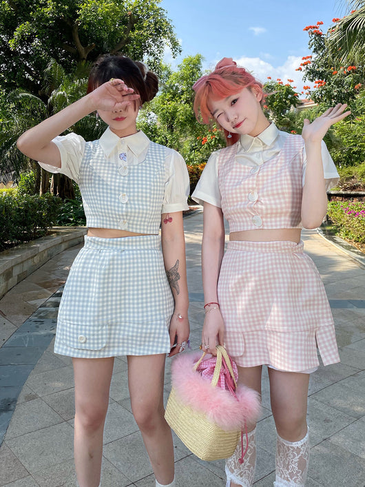 Chaleco Cuadriculado Bicolor con Falda Plisada - Estilo Dulce y Moderno para Niñas