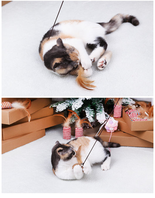 Cat wand toy with a wooden stick, a burlap heart, and brown feathers, designed for interactive play. - Image 10