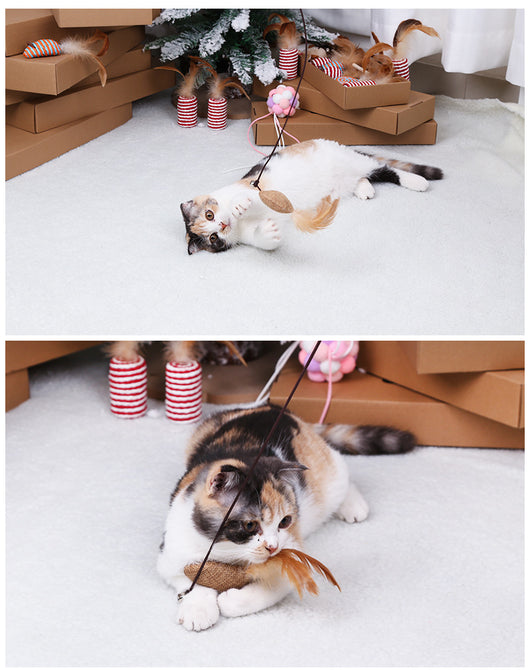 Cat wand toy with a wooden stick, a burlap heart, and brown feathers, designed for interactive play. - Image 12