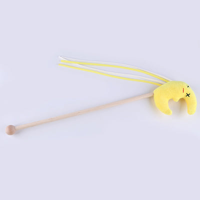 Cat wand toy with a wooden stick, a burlap heart, and brown feathers, designed for interactive play. - Image 11