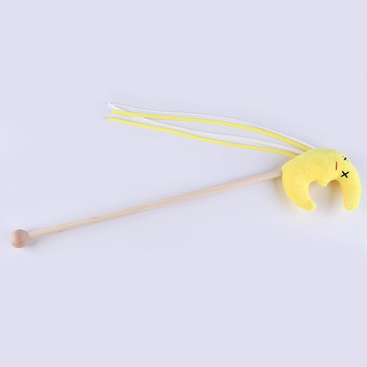 Cat wand toy with a wooden stick, a burlap heart, and brown feathers, designed for interactive play. - Image 11