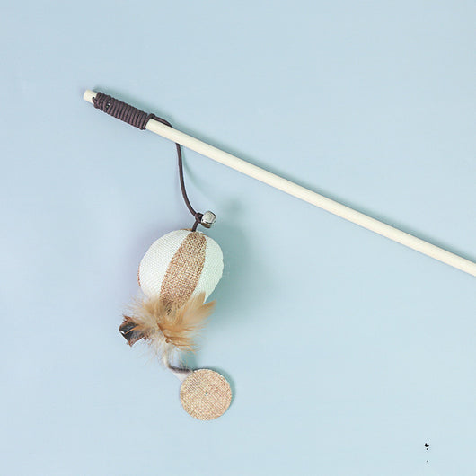 Cat wand toy with a wooden stick, a burlap heart, and brown feathers, designed for interactive play. - Image 14