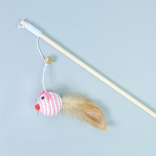 Cat wand toy with a wooden stick, a burlap heart, and brown feathers, designed for interactive play. - Image 4