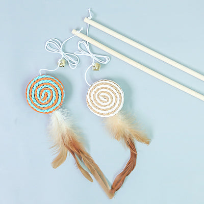 Cat wand toy with a wooden stick, a burlap heart, and brown feathers, designed for interactive play. - Image 2