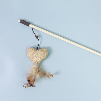 Cat wand toy with a wooden stick, a burlap heart, and brown feathers, designed for interactive play. - Image 3