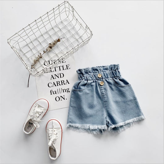 Pantalones Cortos Denim Cintura Alta para Niñas con Estampado Floral - Estilo Coreano Verano