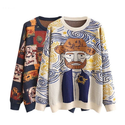Suéter Tejido Retro Pintura al Óleo para Mujer - Diseño Suelto Otoño Invierno - Image 6