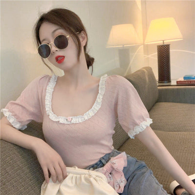 Camiseta Retro de Cuello Cuadrado con Encaje y Manga Corta para Mujer - Image 6