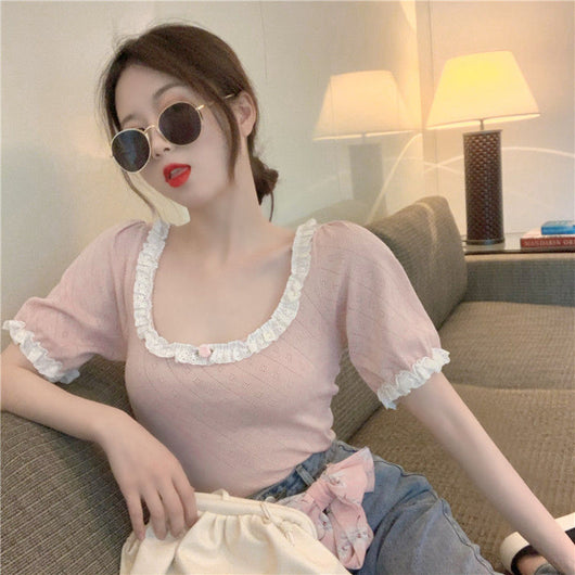 Camiseta Retro de Cuello Cuadrado con Encaje y Manga Corta para Mujer - Image 6
