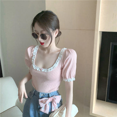 Camiseta Retro de Cuello Cuadrado con Encaje y Manga Corta para Mujer - Image 10