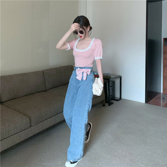 Camiseta Retro de Cuello Cuadrado con Encaje y Manga Corta para Mujer