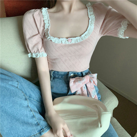 Camiseta Retro de Cuello Cuadrado con Encaje y Manga Corta para Mujer - Image 2