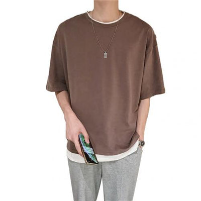 Camiseta Falsa Dos Piezas Verano Cuello Redondo Hombre Estilo Coreano Suelta - Image 3