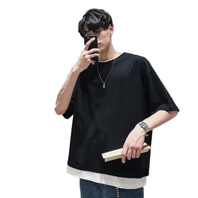 Camiseta Falsa Dos Piezas Verano Cuello Redondo Hombre Estilo Coreano Suelta - Image 5