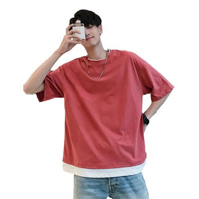Camiseta Falsa Dos Piezas Verano Cuello Redondo Hombre Estilo Coreano Suelta - Image 6