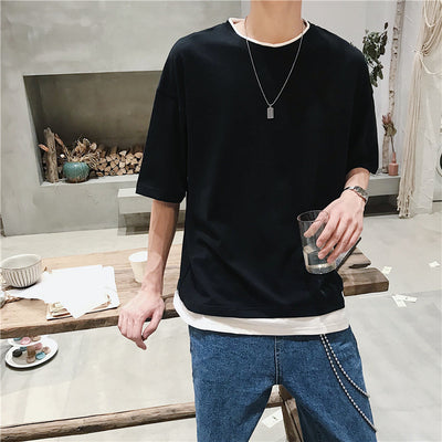 Camiseta Falsa Dos Piezas Verano Cuello Redondo Hombre Estilo Coreano Suelta - Image 8