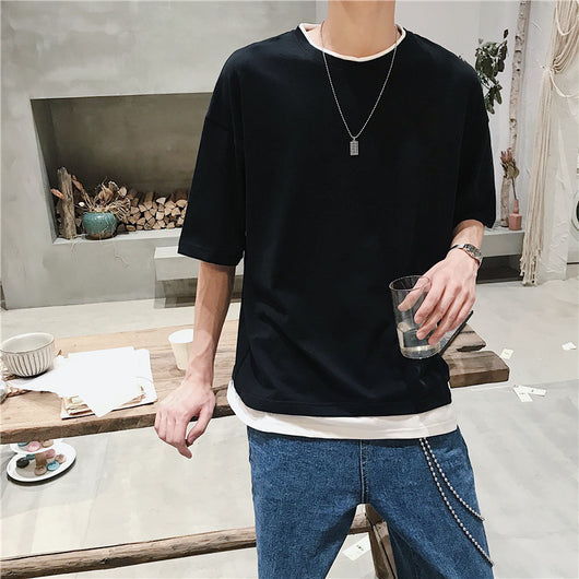 Camiseta Falsa Dos Piezas Verano Cuello Redondo Hombre Estilo Coreano Suelta - Image 8