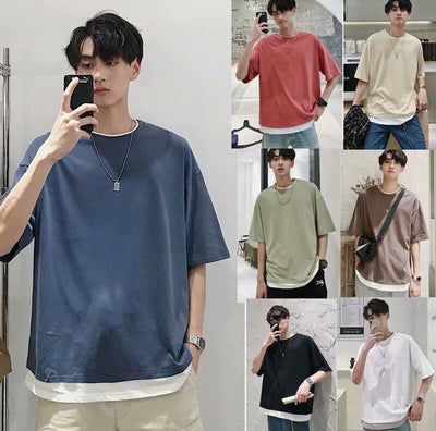 Camiseta Falsa Dos Piezas Verano Cuello Redondo Hombre Estilo Coreano Suelta - Image 9