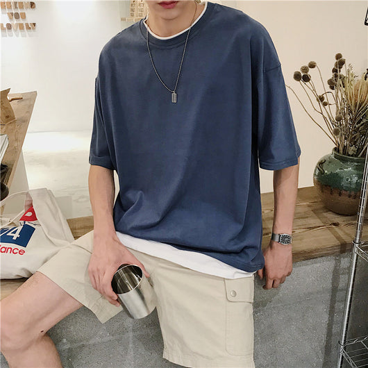 Camiseta Falsa Dos Piezas Verano Cuello Redondo Hombre Estilo Coreano Suelta - Image 10