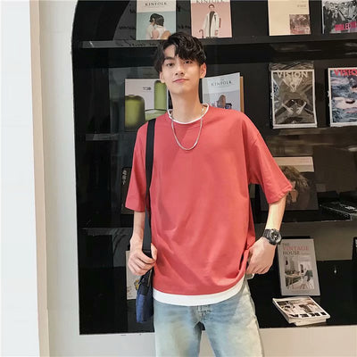 Camiseta Falsa Dos Piezas Verano Cuello Redondo Hombre Estilo Coreano Suelta - Image 11
