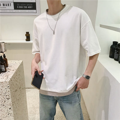 Camiseta Falsa Dos Piezas Verano Cuello Redondo Hombre Estilo Coreano Suelta - Image 13
