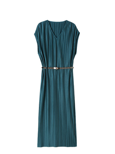 Vestido Plisado Elegante Cuello V sin Mangas - Largo Midi