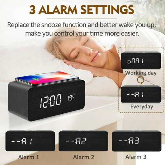 Reloj Despertador Inteligente de Madera con Carga Inalámbrica y Control por Voz - Image 2