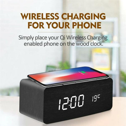 Reloj Despertador Inteligente de Madera con Carga Inalámbrica y Control por Voz