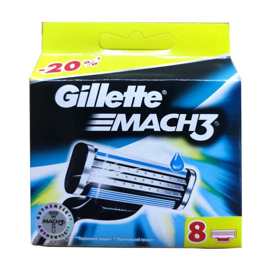 Gillette Mach3 razor blade refills box with 8 cartridges, featuring a blue and black design with a 20% discount. - Image 8