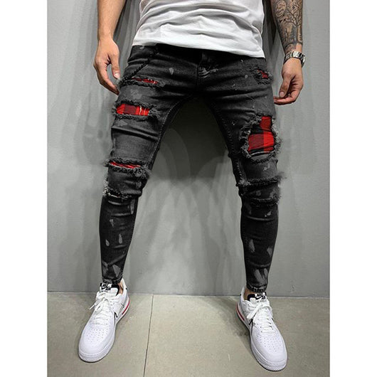 Jeans Slim Fit Rotos con Parches para Hombre - Stretch Tobillero