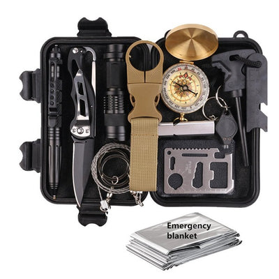 13-piece outdoor survival kit in a black case, including a tactical pen, folding knife, flashlight, compass, and emergency blanket. - Image 9