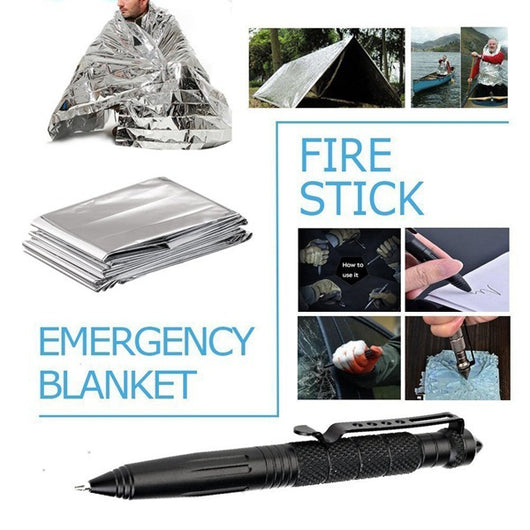 13-piece outdoor survival kit in a black case, including a tactical pen, folding knife, flashlight, compass, and emergency blanket. - Image 10