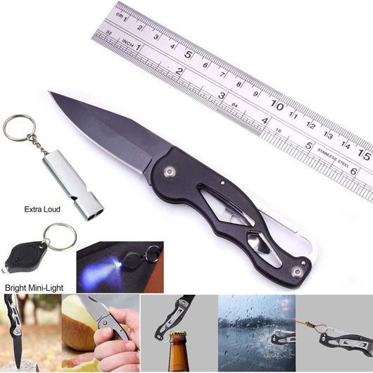 13-piece outdoor survival kit in a black case, including a tactical pen, folding knife, flashlight, compass, and emergency blanket. - Image 12