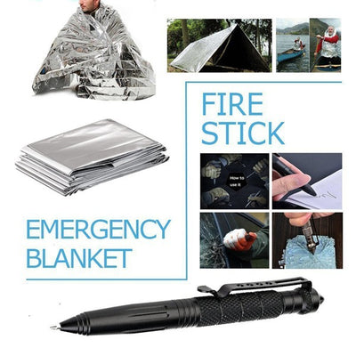 13-piece outdoor survival kit in a black case, including a tactical pen, folding knife, flashlight, compass, and emergency blanket. - Image 5