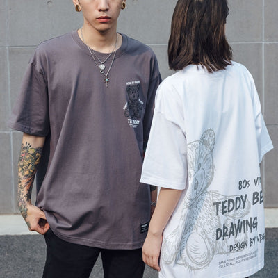 Playera Suelta Pareja Estampado Oso Graffiti Pintado a Mano - Image 9